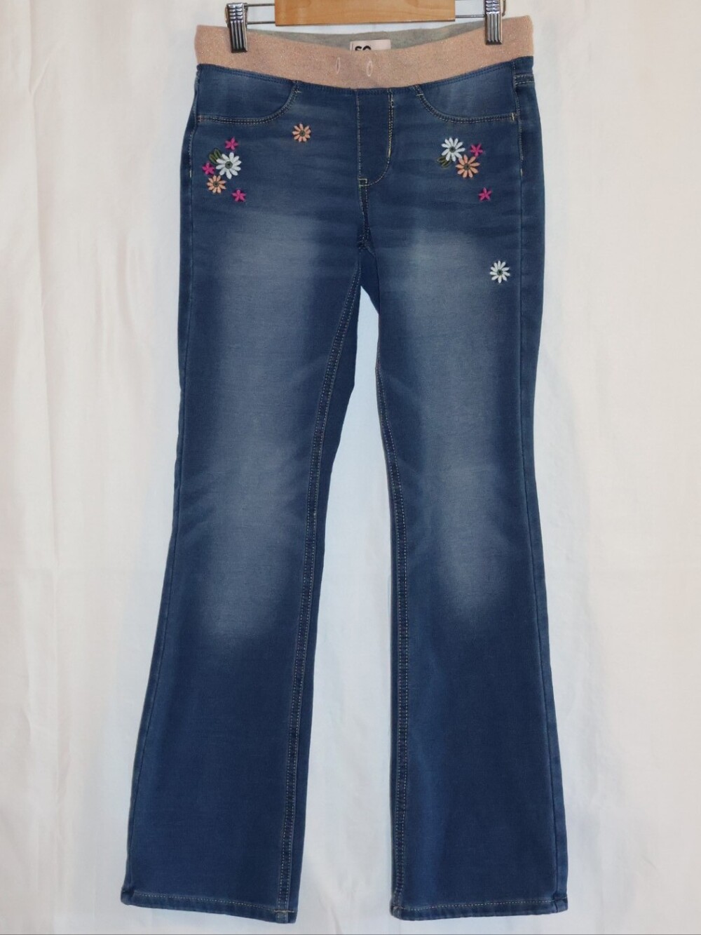 SO Girls' Blue Denim Floral Embroidered Flared Jeans with Sparkled Waistband.